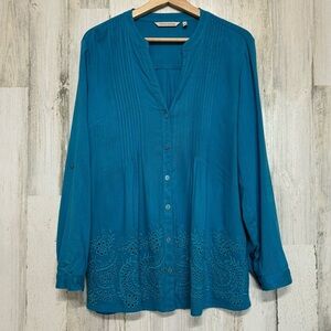 Soft Surroundings Anglaise Blue Eyelet Tunic Top Womens Size S Roll Tab Sleeve